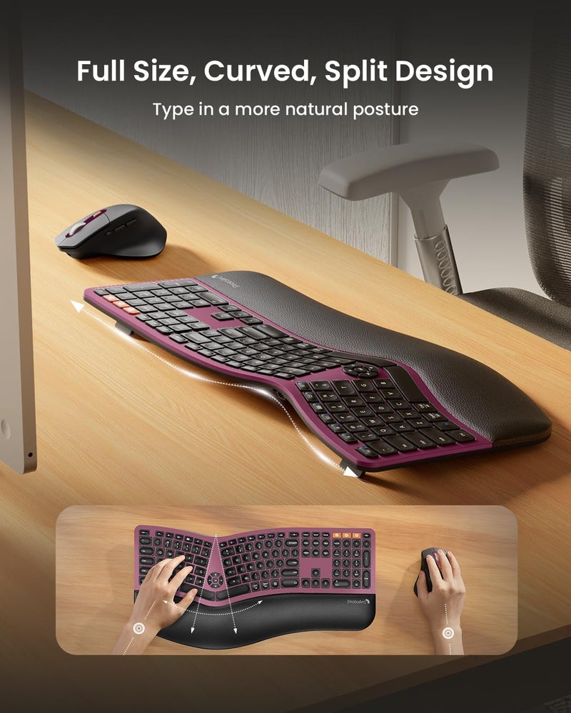 ProtoArc Ergonomic Wireless Keyboard Mouse, EKM01 Plus Full Size Ergo Bluetooth Keyboard Mouse Combo, Split Design, Wrist Rest, Multi-Device, Rechargeable, for Windows/Mac OS - Wine Red - Image 2